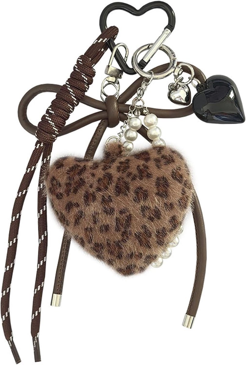 Tashanger, pluche tasbedel & luipaardprint sleutelhanger, hart hanger voor tas en autosleutels, schattige strik sleutelhanger voor dames en meisjes