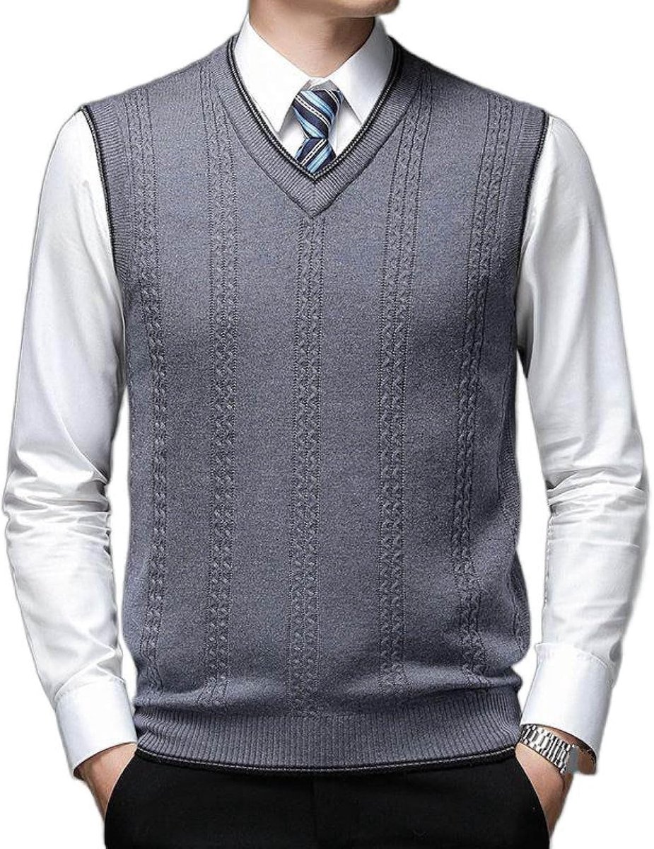 Gilet V-Hals Gebreid Vest, Klassiek Mouwloos Casual Jacquard Vest Voor Heren Pullover Dieptepunt Shirt, Zakelijk Heren Breigoed Gebreid Vest Trui Tanktops, Middengrijs, S