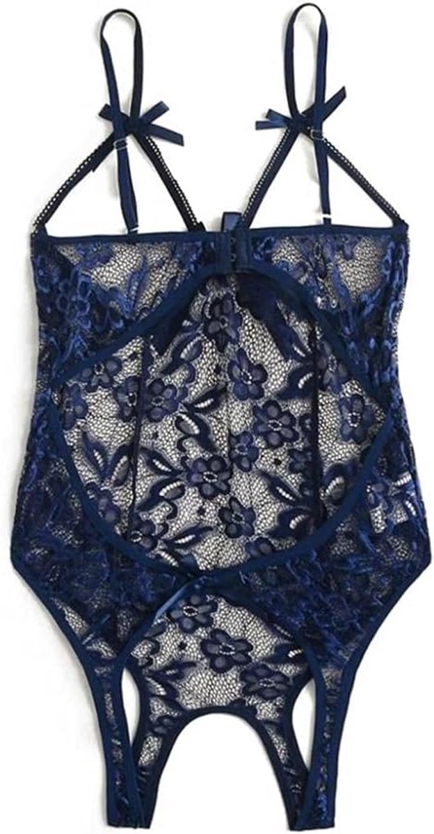 Lingeriesets dames sexy Lingerie Hollow Bow See Through Lace Women's Ondergoed set-Azul_XXL