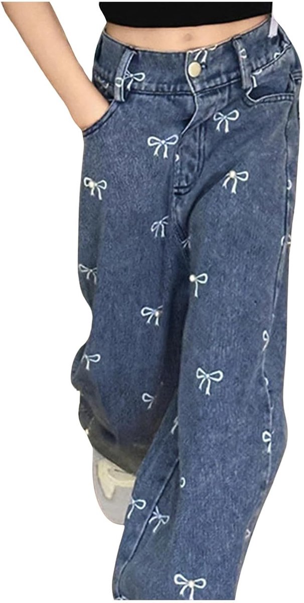 Modieuze broek voor meisjes, elastische tailleband, brede pijpen, jeans, strikprint, casual denim broek met zakken