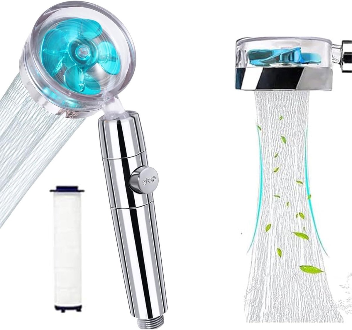 Hogedruk-douchekop, turbo-propeller, 3-traps waterfilter met PP-patroon, 360° draaibaar en pauzeschakelaar - ShopVlot