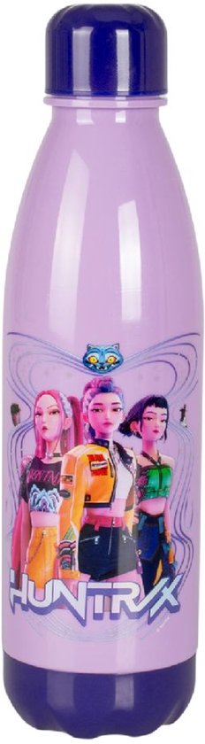 Lichtpaarse drinkfles met 'HUNTRAX' logo en afbeelding van drie anime-stijl personages, inclusief donkerblauwe dop.