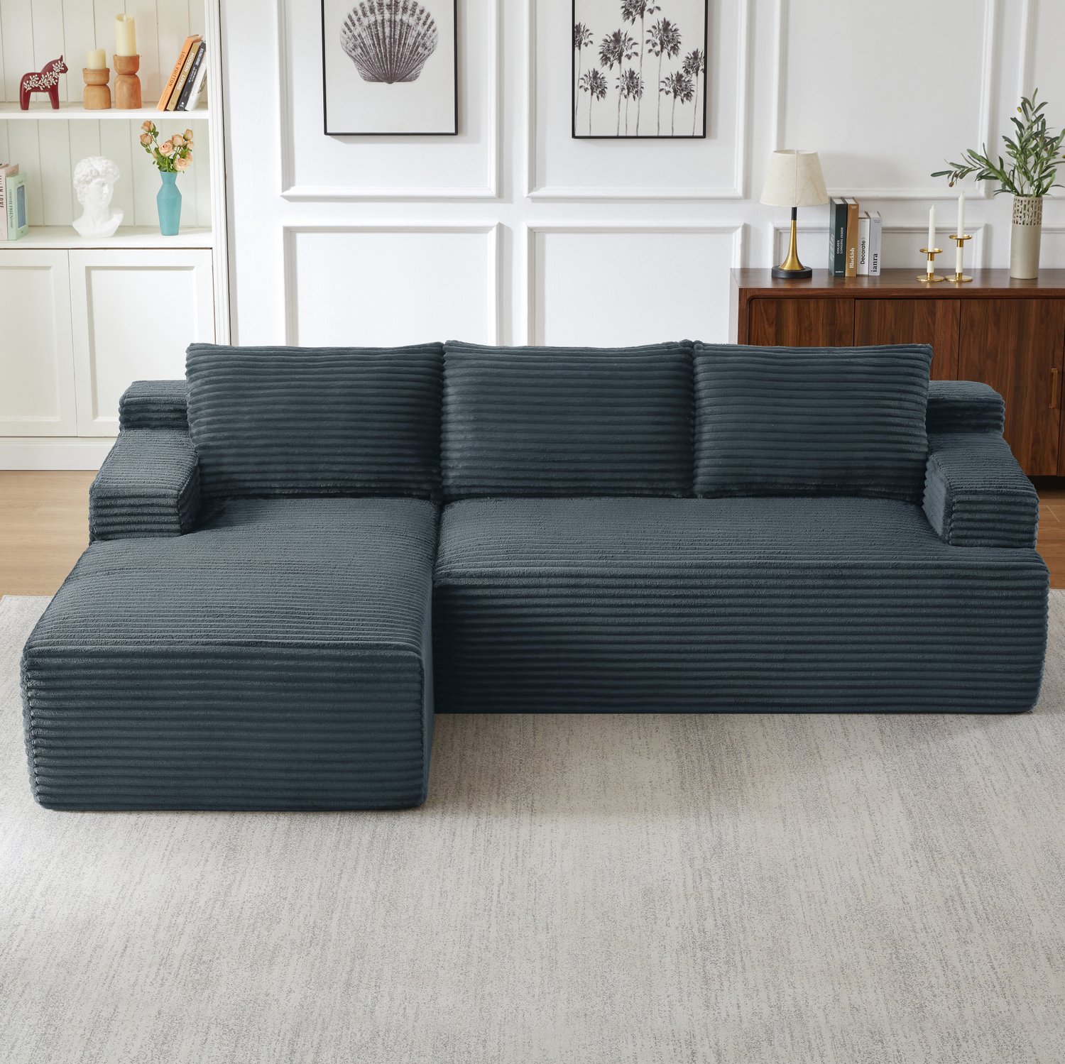 MODENUIT Hoekbank 238 x 152 x 66 cm - L-Vorm Met Slaapfunctie - Woonkamer - Ribfluweel - Donkergrijs