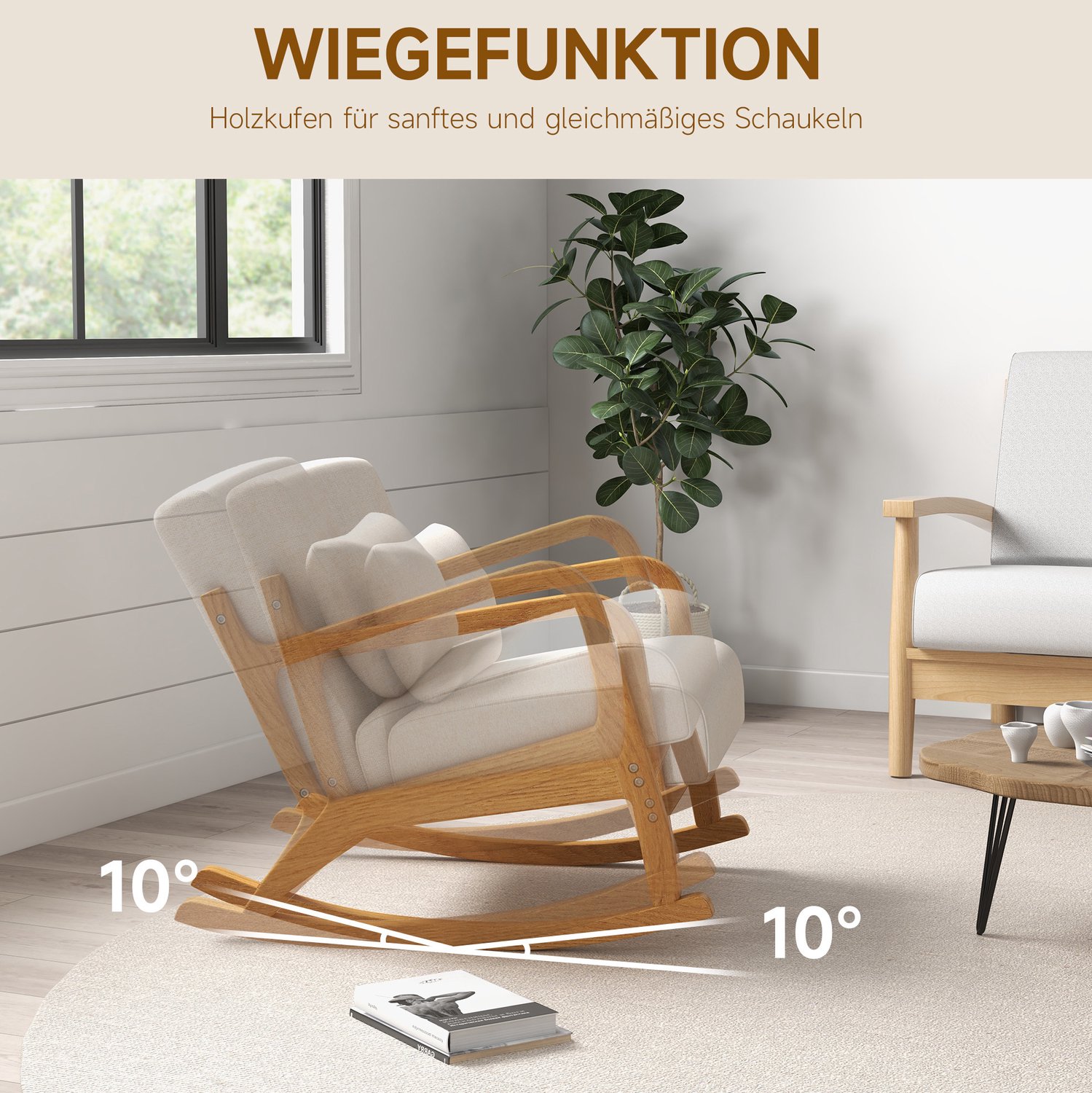 DESMIU Schommelstoel 92 x 64,5 x 81,5 cm - Zacht Schommelen met Afneembare Lendesteun - Voor Woonkamer en Slaapkamer - Hout en Stof - Crèmewit