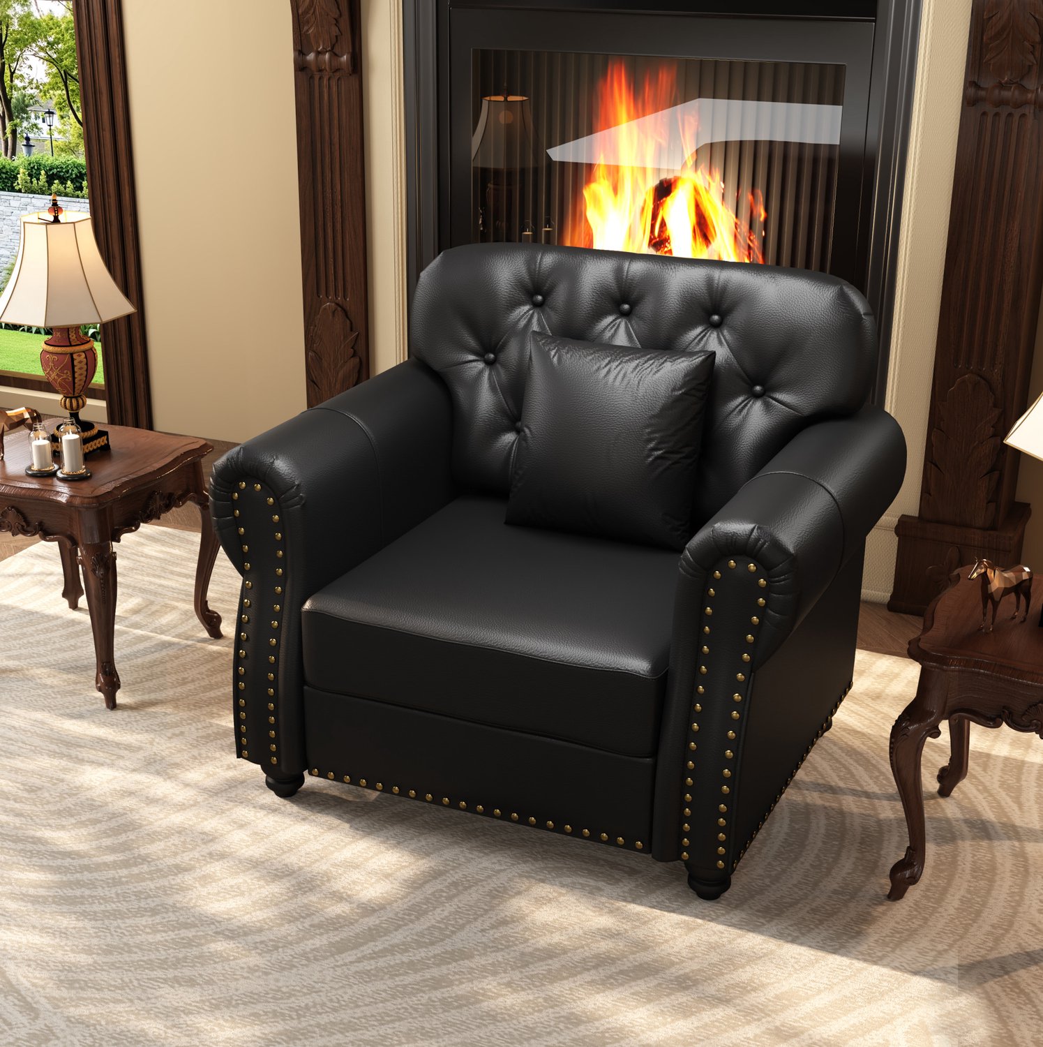 MODENUIT Chesterfield Fauteuil 105 x 76 x 86 cm - Gecapitonneerde Rugleuning - Woonkamer - Kunstleer - Zwart
