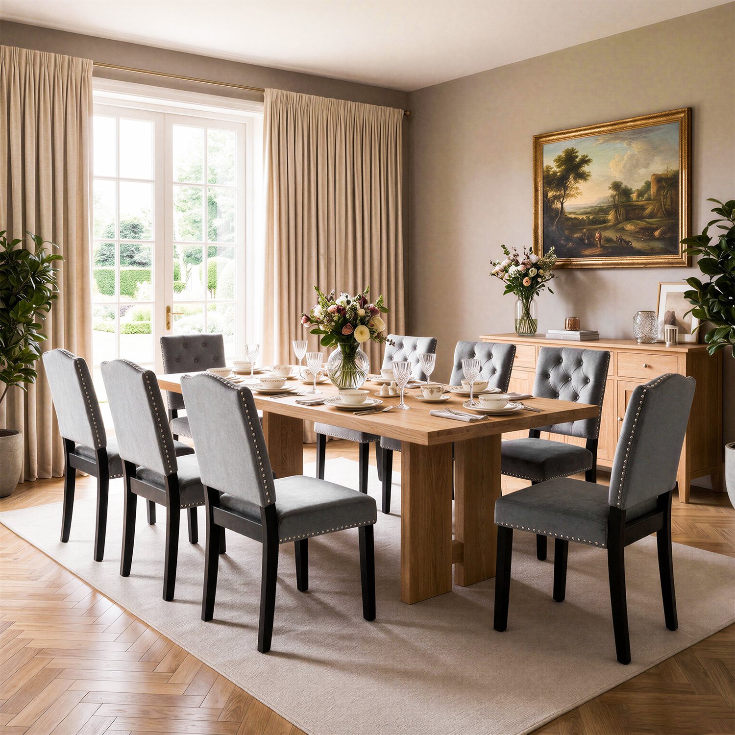 Puluomis Eetkamerstoelen - Set Van 8 - Gestoffeerde stoel - Fluweelstof - Velvet - Massief houten poten - Grijs