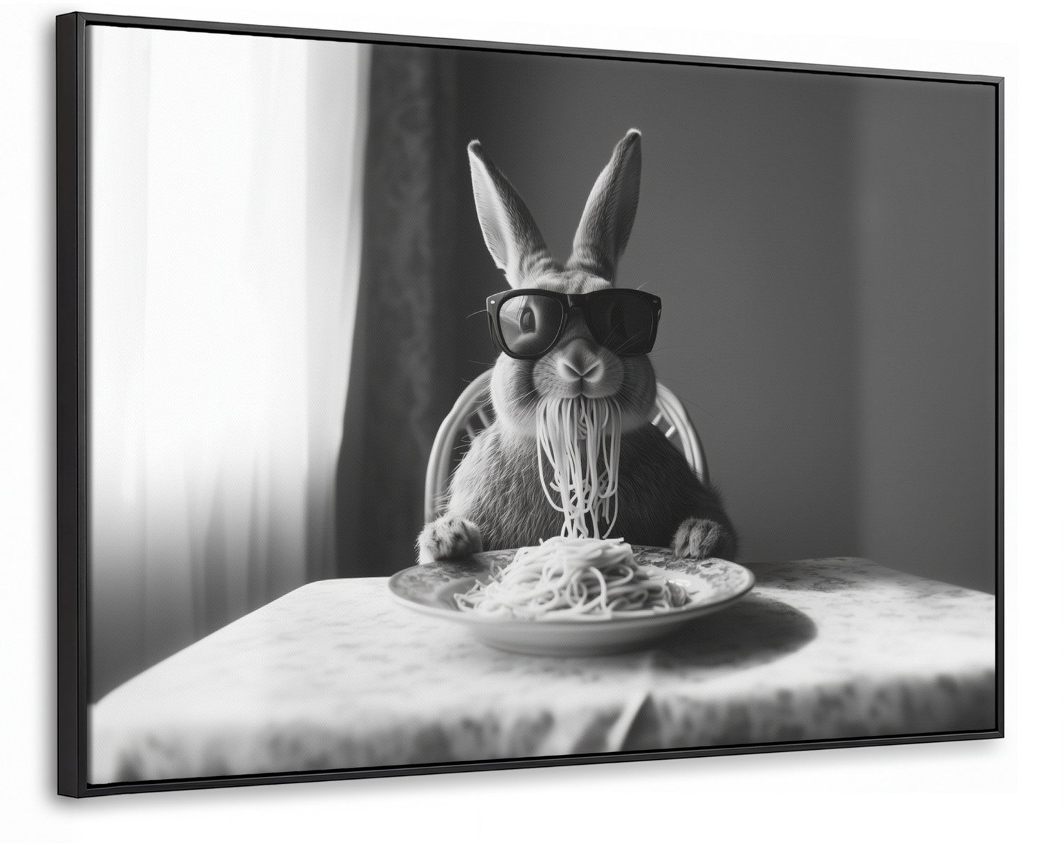 Canvas Schilderij met Baklijst 90x60cm - Konijn - Bunny - Zonnebril - Tafelkleed - Pasta - Schattig - Muurdecoratie woonkamer - Slaapkamer decoratie - Kamer accessoires - Schilderijen op canvas met lijst