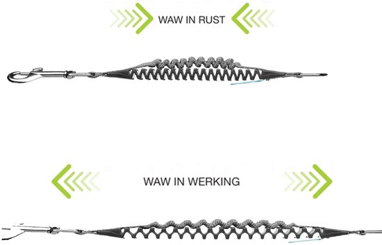 WAW schokdemper voor hondenriem getoond in rust en in werking met een metalen haak.