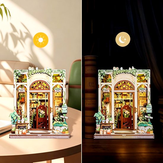 DIY "Boekenhoek" Bouwmodel - Mini Groene Boekhandel - 3D Houten Puzzel - Zelf in elkaar te zetten Huis - Miniatuur Scène Set - Model Speelgoed - Geschikt voor Boekenplanken en Woondecoratie - Inclusief LED-verlichting
