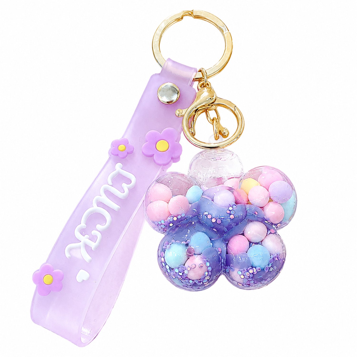 Sleutelhanger met paarse acrylbloem en gekleurde bolletjes - Met lus, sleutelring en haaksluiting - Individueel verpakt