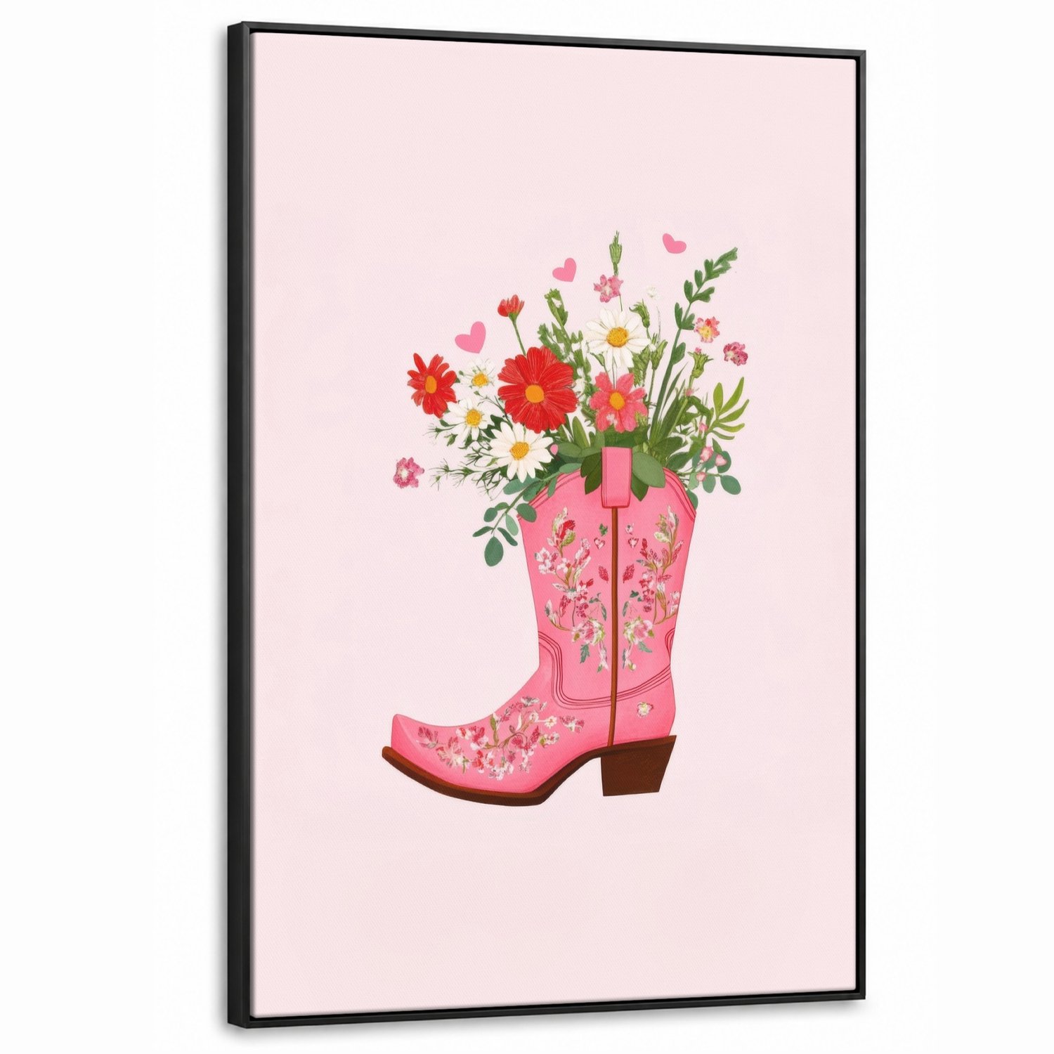 Canvas Schilderij met Baklijst XXL Canvas Schilderij met Baklijst 90x140cm - Cowboylaarzen - Roze - Boeket - Bloemen - Muurdecoratie woonkamer - Slaapkamer decoratie - Kamer accessoires - Schilderijen op canvas met lijst groot