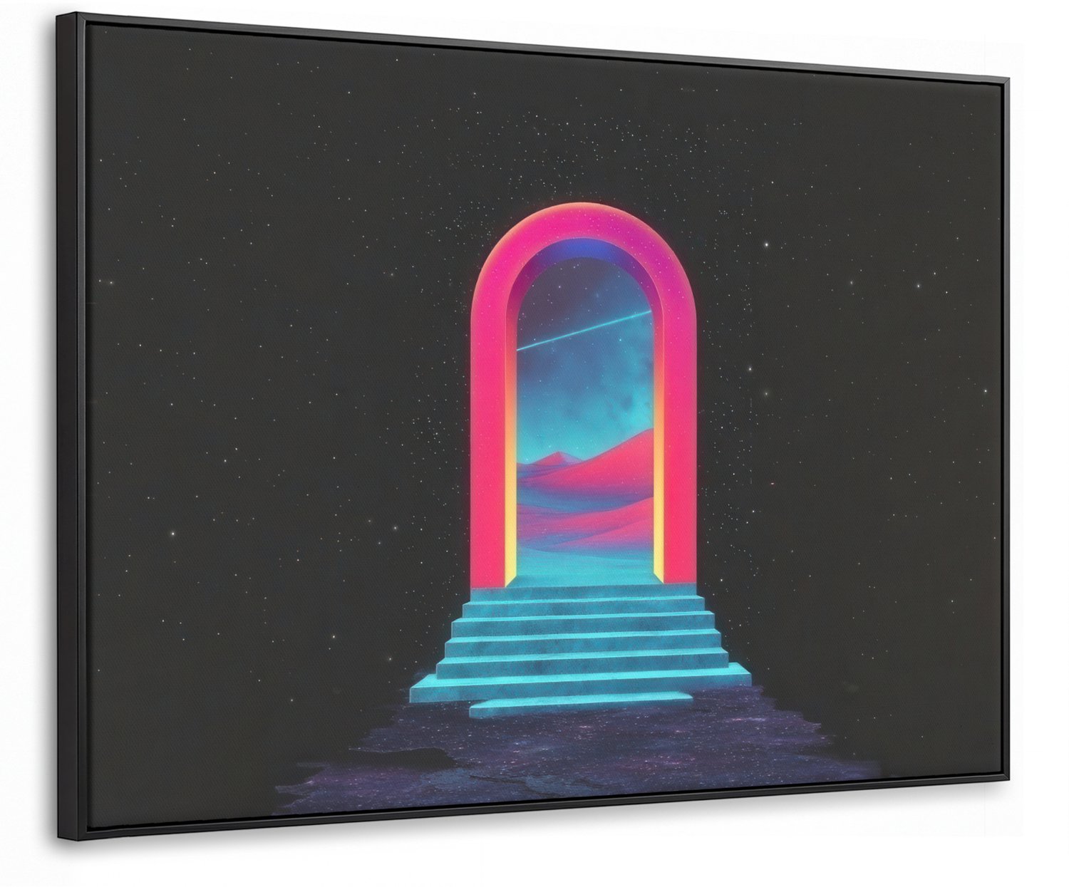 Canvas Schilderij met Baklijst 100x70cm - Poortje - Landschap - Sterrenhemel - Roze - Muurdecoratie woonkamer - Slaapkamer decoratie - Kamer accessoires - Schilderijen op canvas met lijst