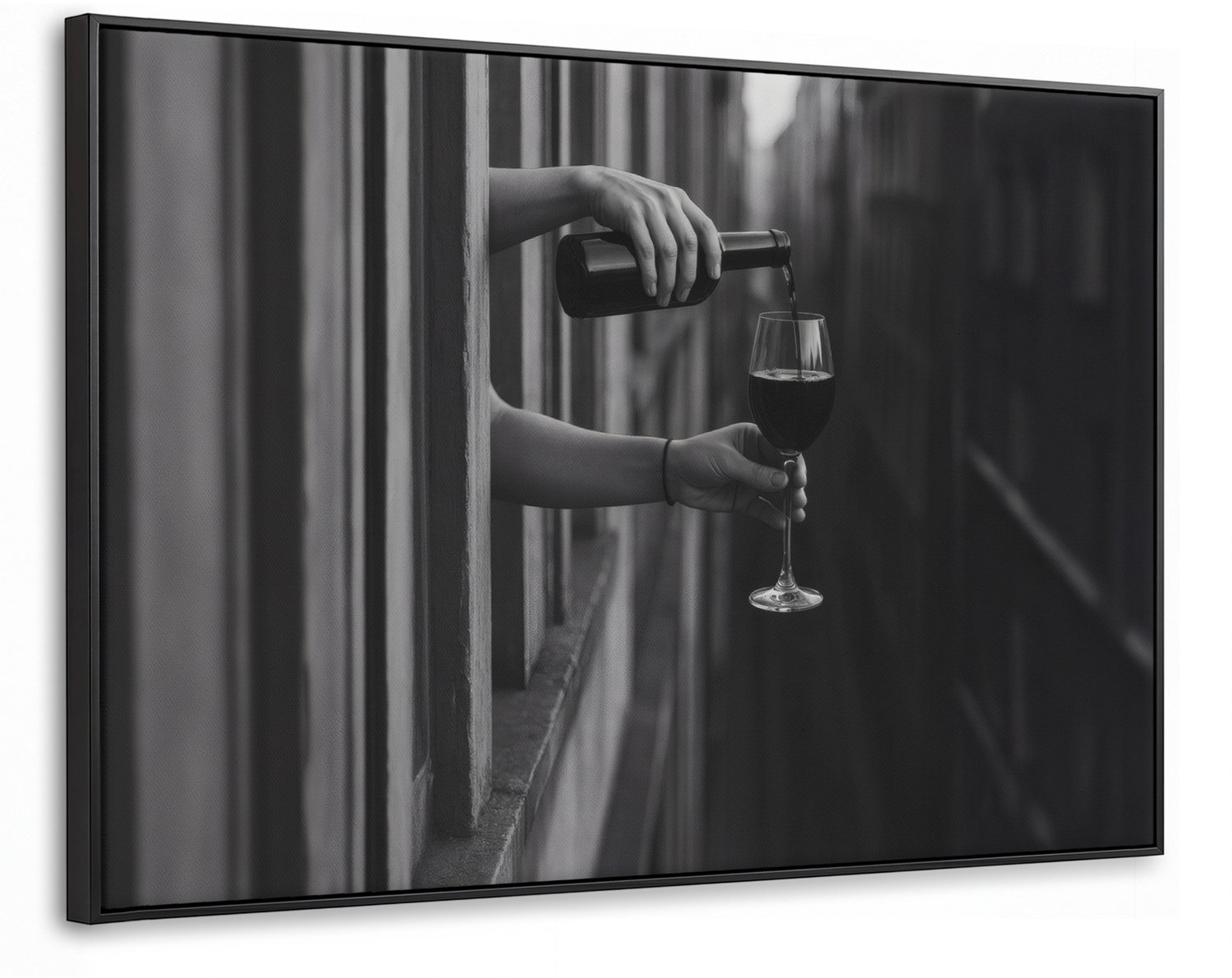 Canvas Schilderij met Baklijst XXL Canvas Schilderij met Baklijst 150x100cm - Wijnfles - Glas - Handen - Raam - Muurdecoratie woonkamer - Slaapkamer decoratie - Kamer accessoires - Schilderijen op canvas met lijst groot