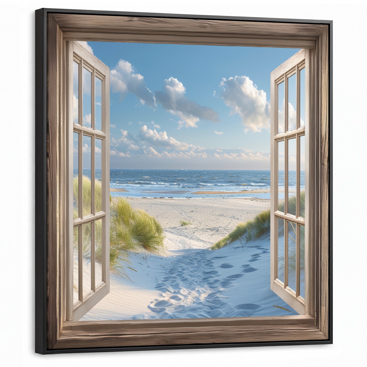 Canvas Schilderij met Baklijst 90x90cm - Doorkijk - Strand - Raam - Duinen - Zee - Muurdecoratie woonkamer - Slaapkamer decoratie - Kamer accessoires - Schilderijen op canvas met lijst