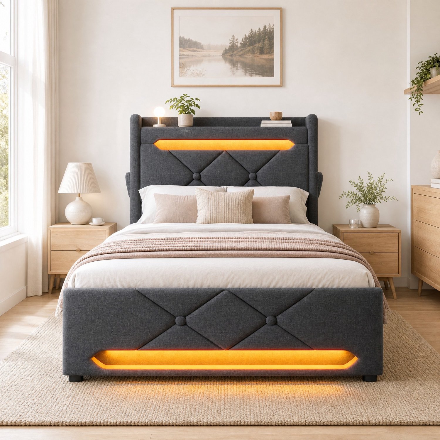 Maisentiel Eenpersoonsbed 90 x 200 cm - grijs linnen - opbergruimte, LED en USB-C - zonder matras