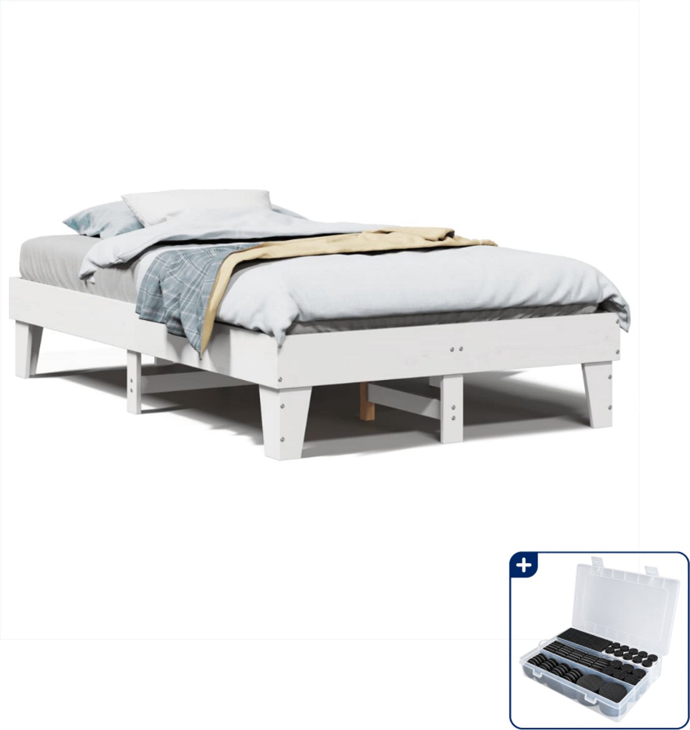 vidaXL bedframe - 135 x 190 cm - massief grenenhout - wit - Inclusief antikrasvilt 177-delig