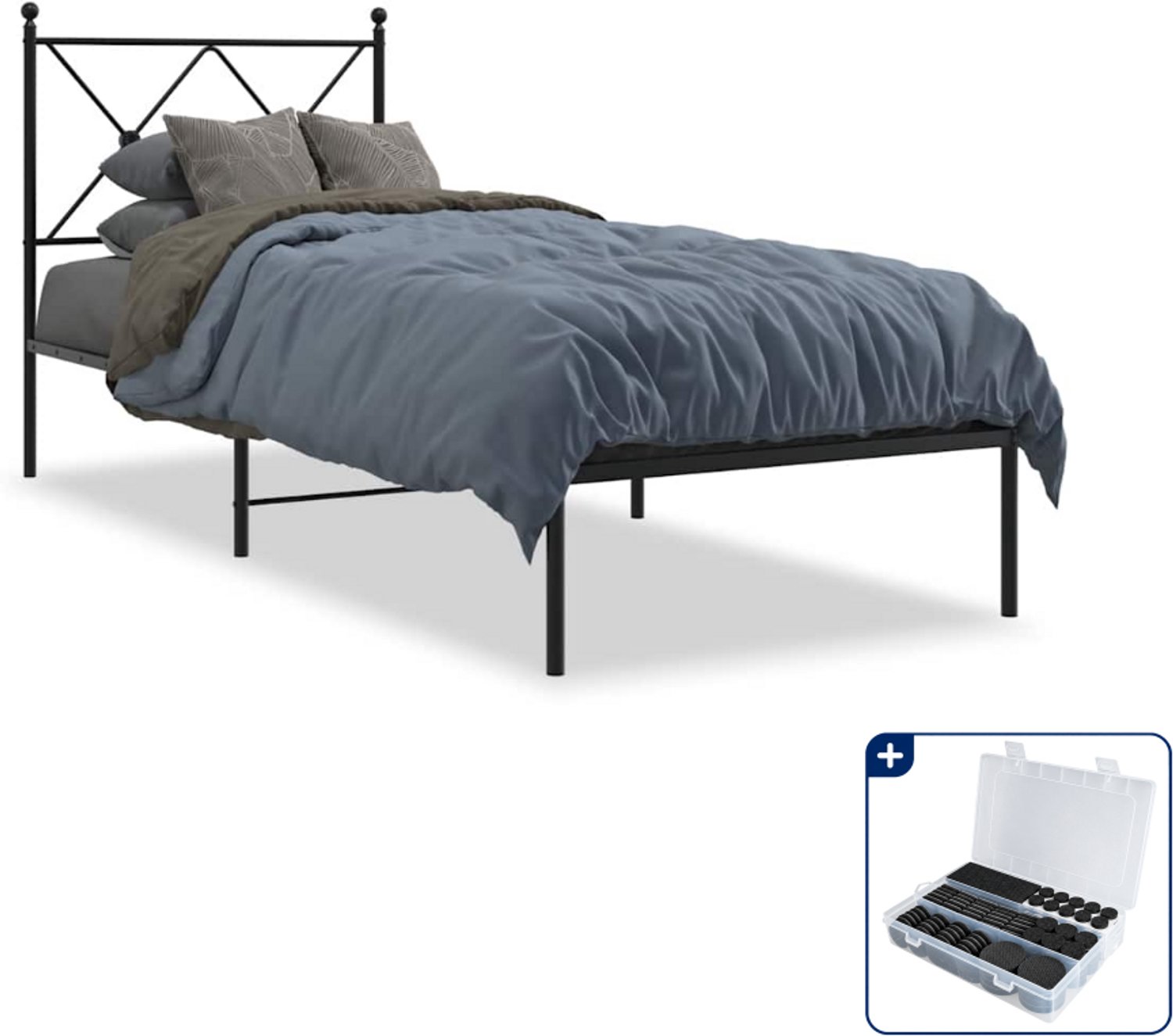vidaXL bedframe met hoofdbord - 80 x 200 cm - metaal - zwart - Inclusief antikrasvilt 177-delig