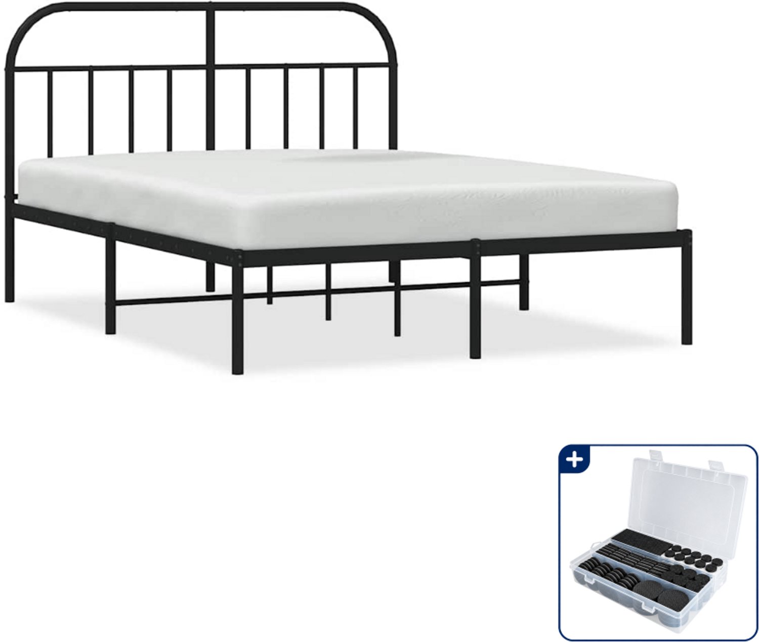 vidaXL Bedframe met hoofdbord - 135 x 190 cm - staal - zwart - Inclusief antikrasvilt 177-delig