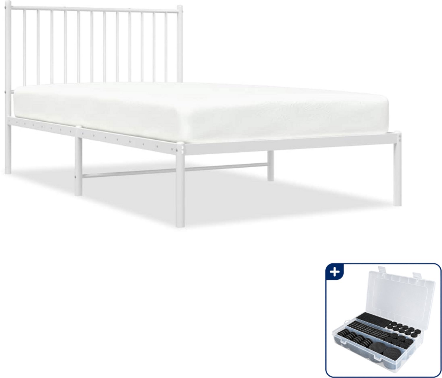 vidaXL bedframe met hoofdbord - 100 x 190 cm - staal - wit - Inclusief antikrasvilt 177-delig