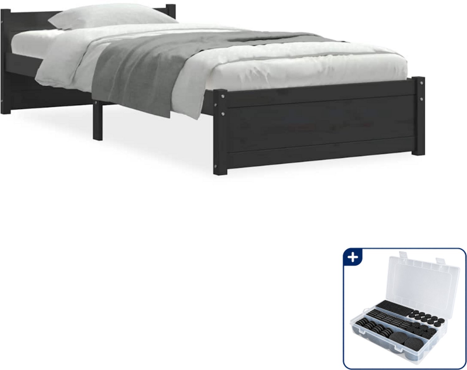 vidaXL bedframe - 90 x 200 cm - massief grenenhout - zwart - Inclusief antikrasvilt 177-delig