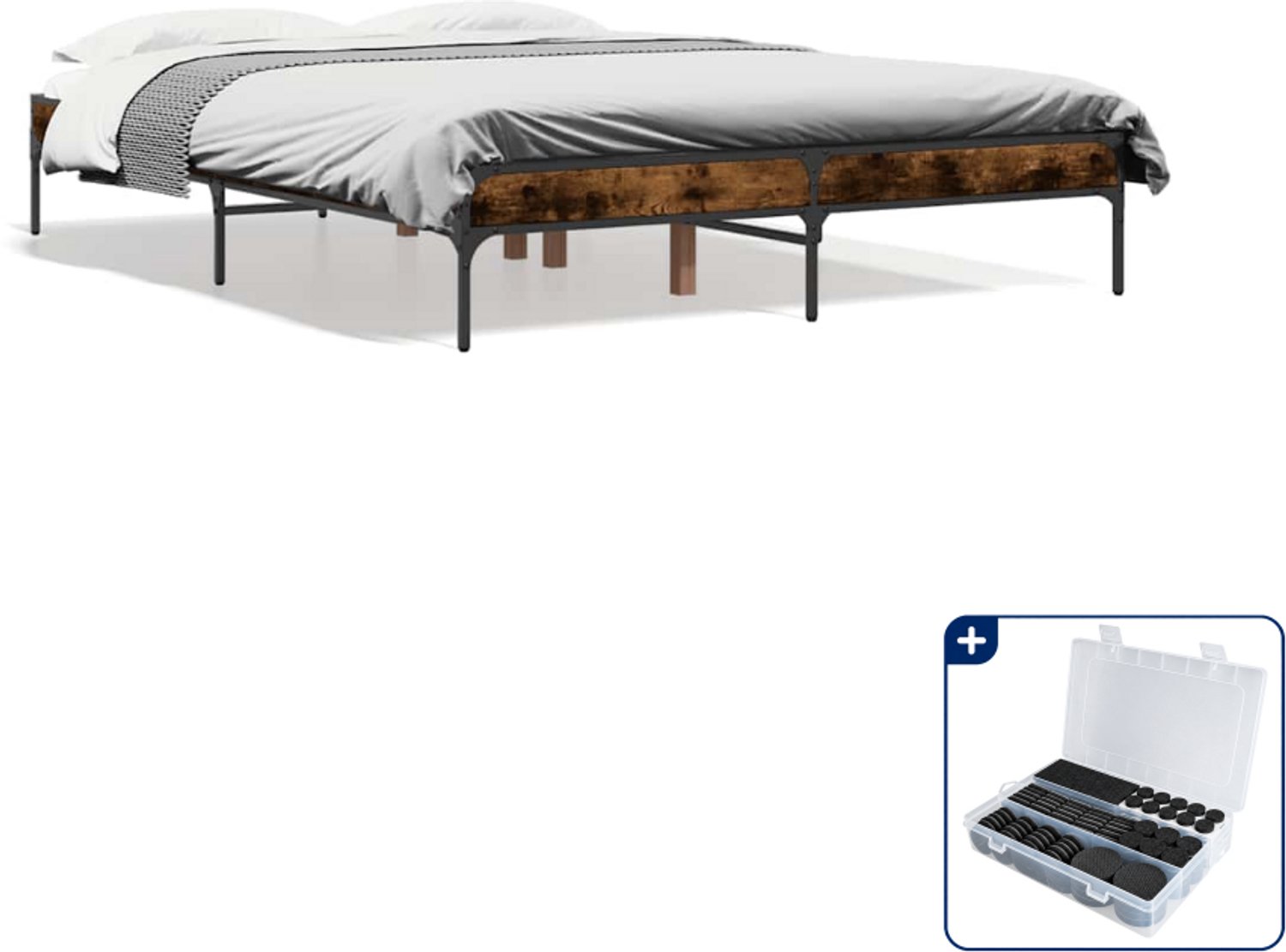 vidaXL bedframe - 135 x 190 cm - bewerkt hout - gerookt eiken - Inclusief antikrasvilt 177-delig Bruin