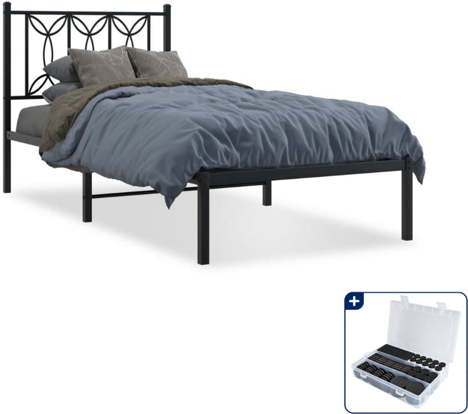 vidaXL bedframe met hoofdbord - 80 x 200 cm - staal - zwart - Inclusief antikrasvilt 177-delig