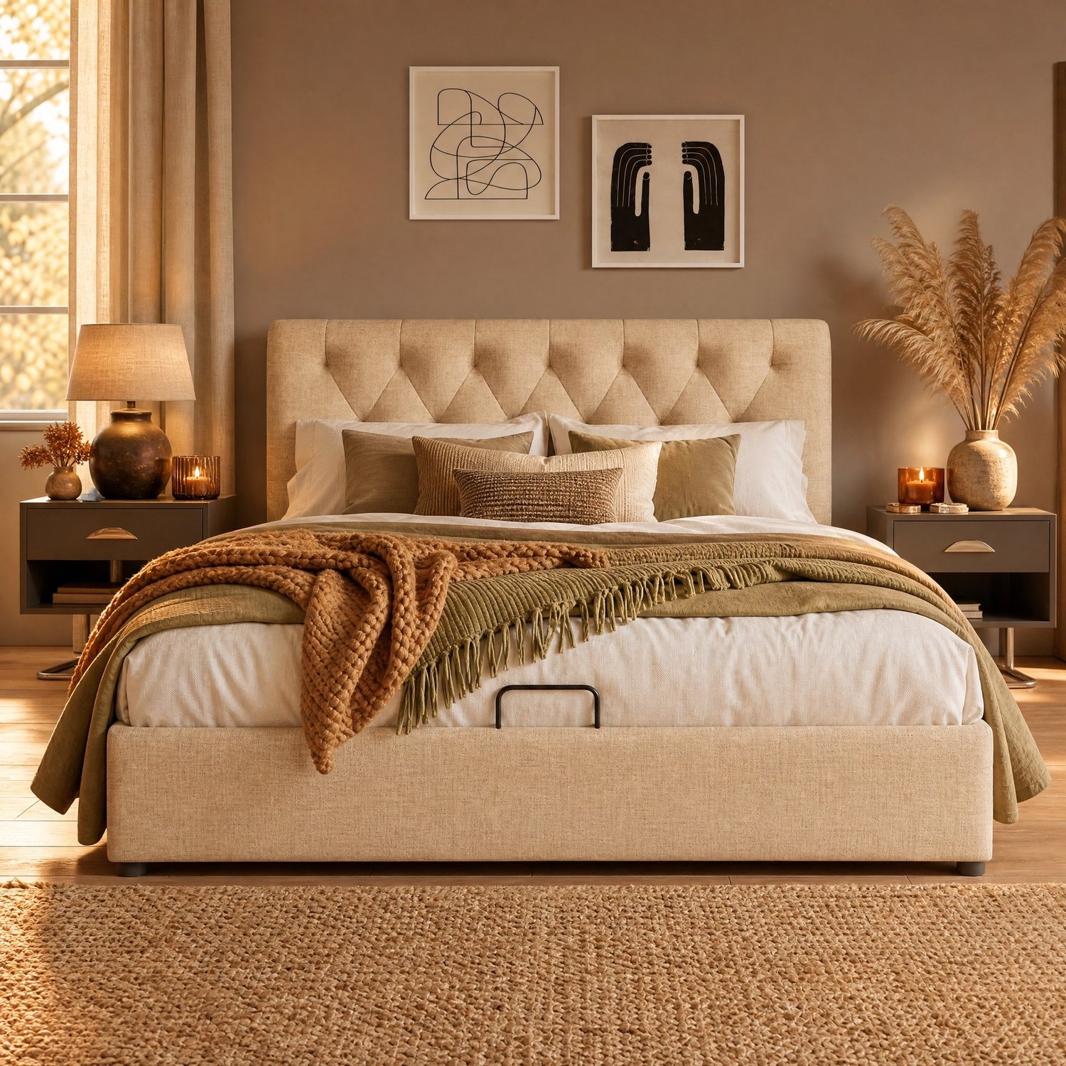 Maisentiel Gestoffeerd bed 140 x 200 cm met opbergruimte en verstelbaar hoofdeinde - naturel