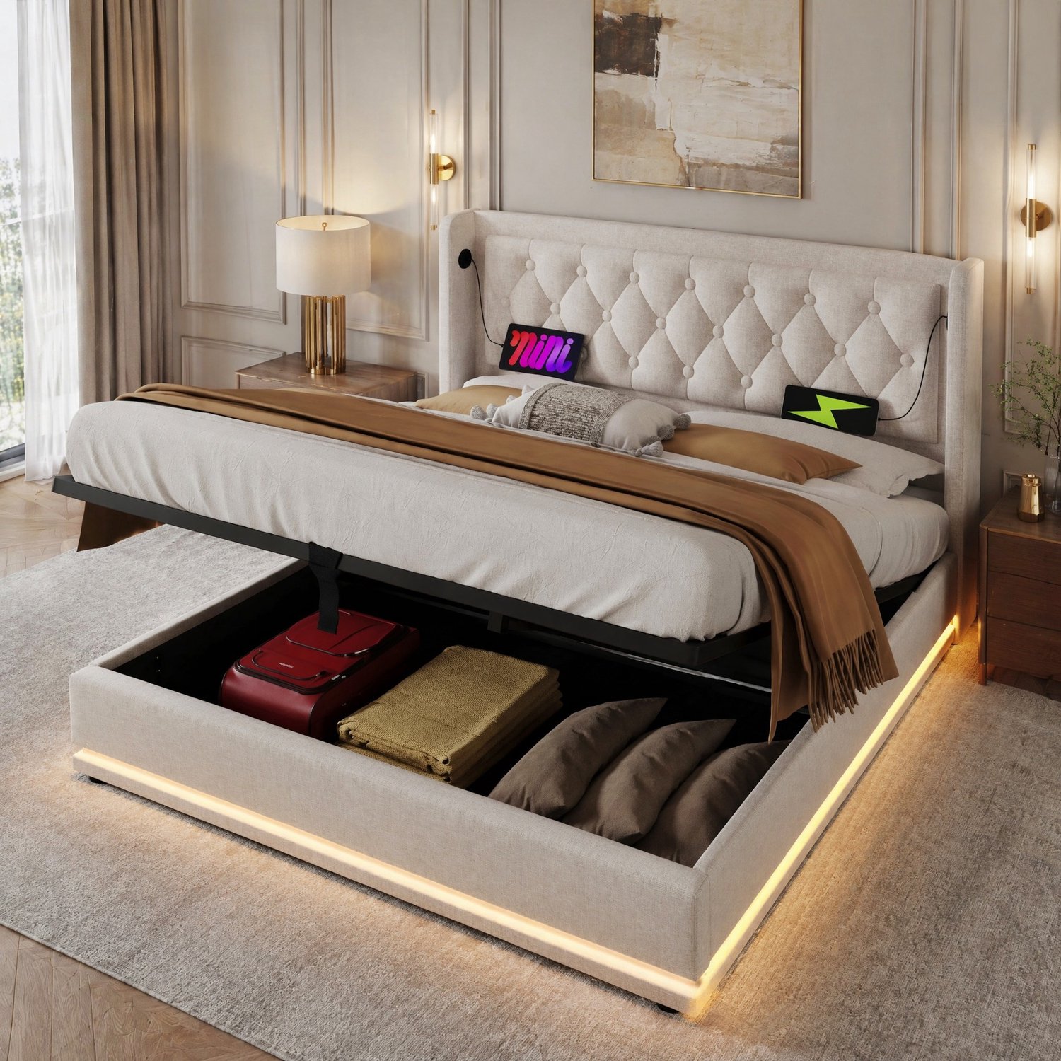 Maisentiel Gestoffeerd tweepersoonsbed 160 x 200 cm – beige, opbergruimte, LED en USB-C