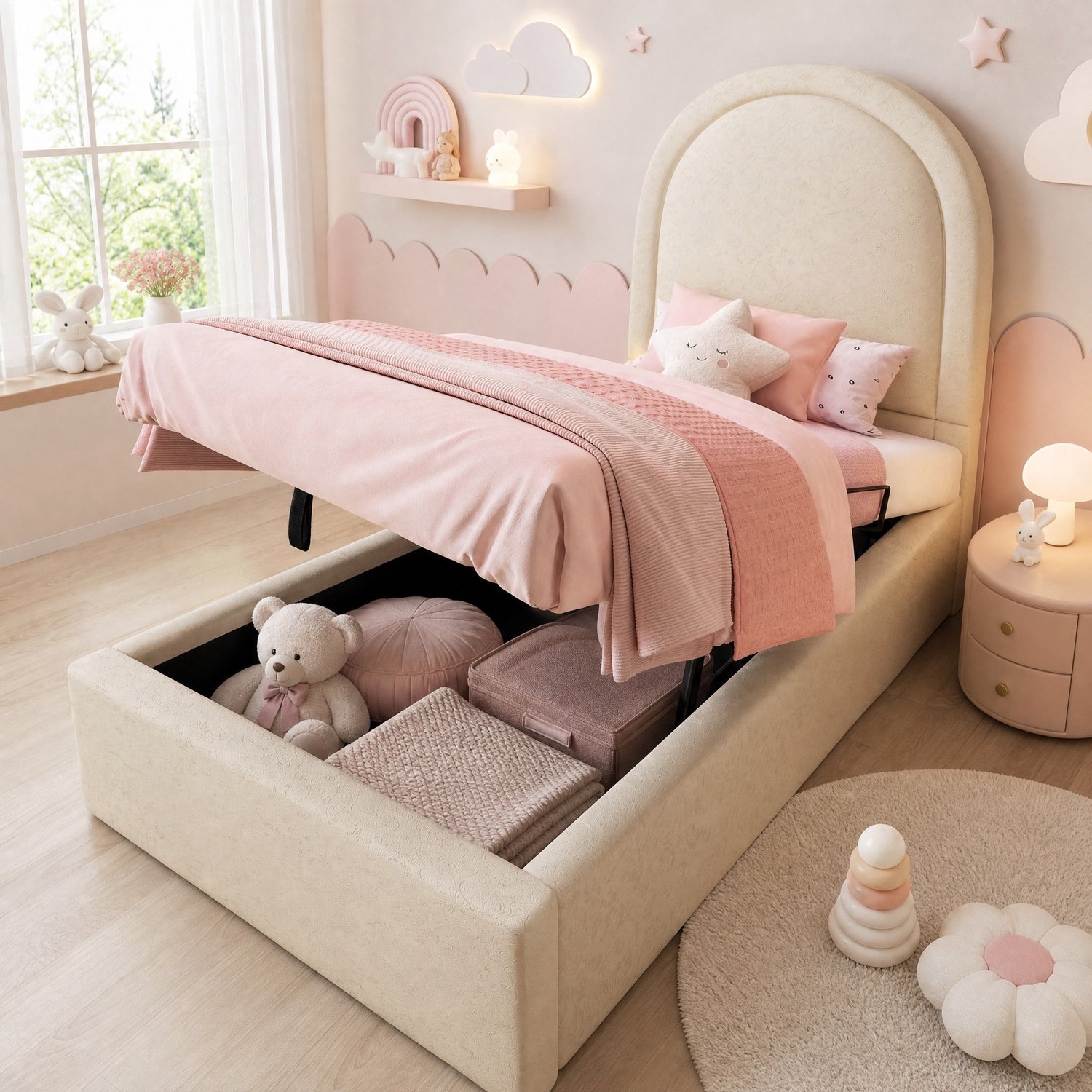 Maisentiel Beige gestoffeerd kinderbed 90 x 200 cm met opbergruimte en lattenbodem