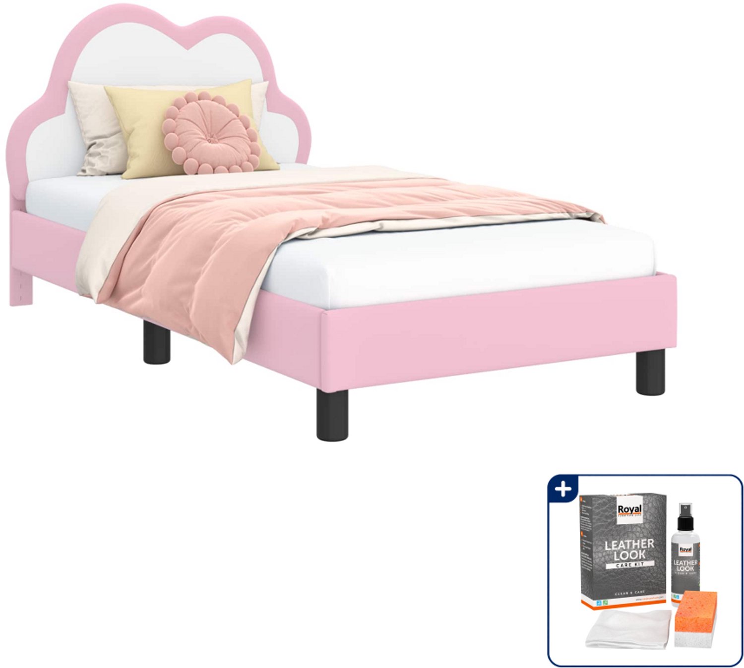 vidaXL kinderbed met hoofdbord - 80 x 160 cm - bewerkt hout - roze - Inclusief onderhoudsset voor kunstleer 150 ml