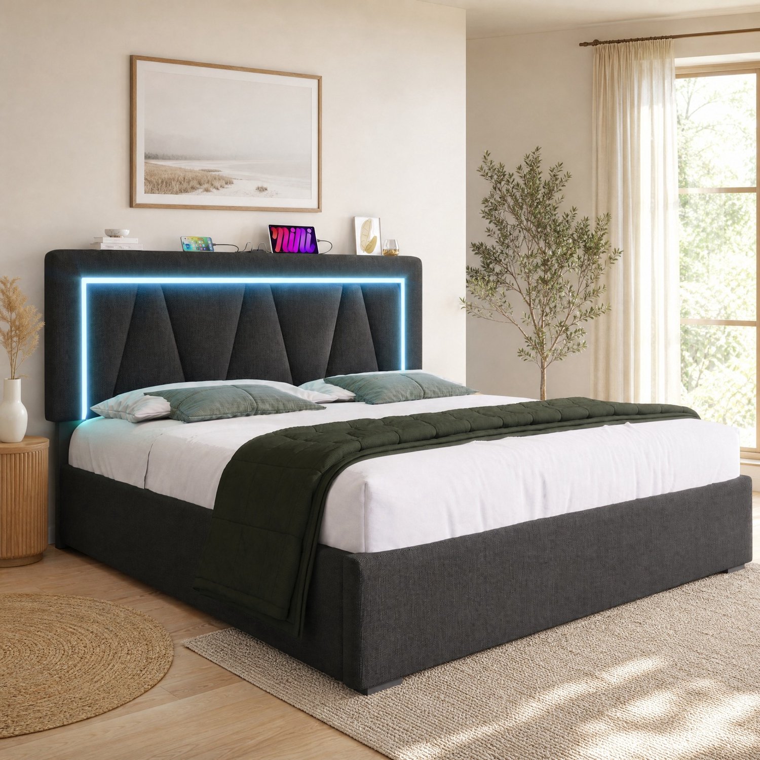 Maisentiel Gestoffeerd bed 140 x 200 cm met opbergruimte, LED, USB-C en lattenbodem - grijs