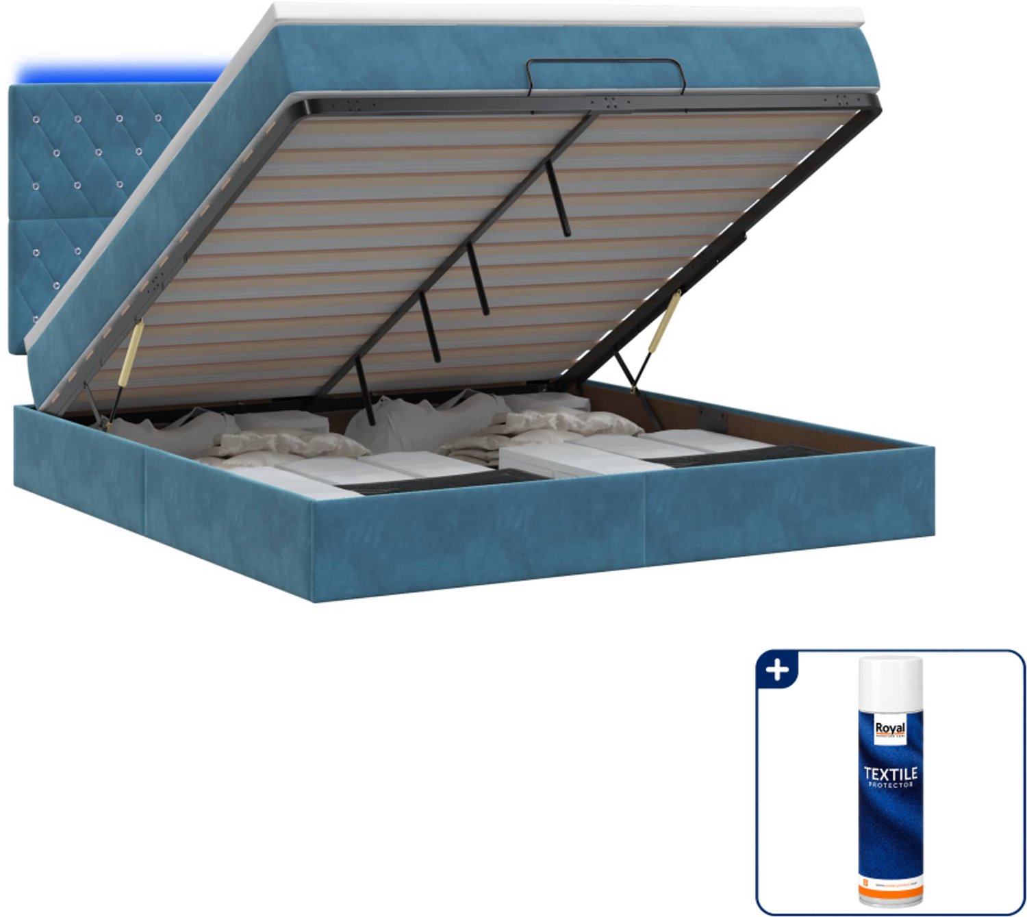 vidaXL Ottoman bed met matras en led - 140 x 190 cm - donkerblauw - Inclusief textielbeschermer 500 ml