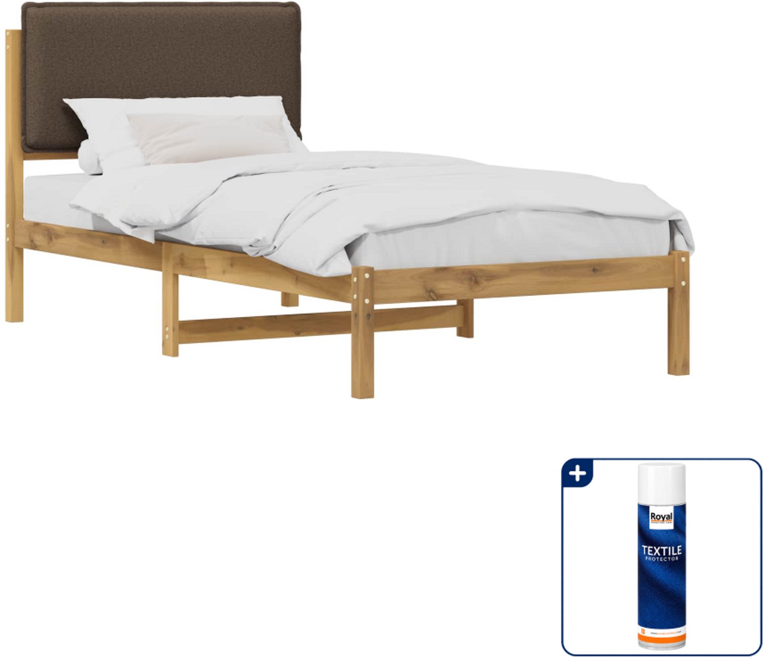 vidaXL Bedframe - 90 x 200 cm - massief acaciahout - whitewash en taupe - Inclusief textielbeschermer 500 ml Bruin