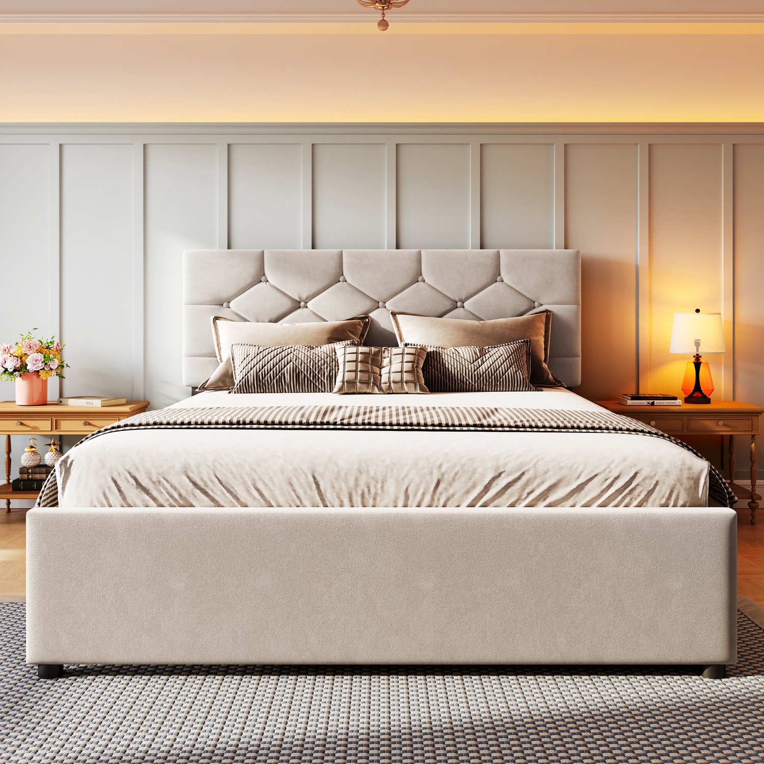 Zubaliya Gestoffeerd bed - 140 x 200 cm - Beige - fluweel - Uitschuifbaar - Lattenbodem