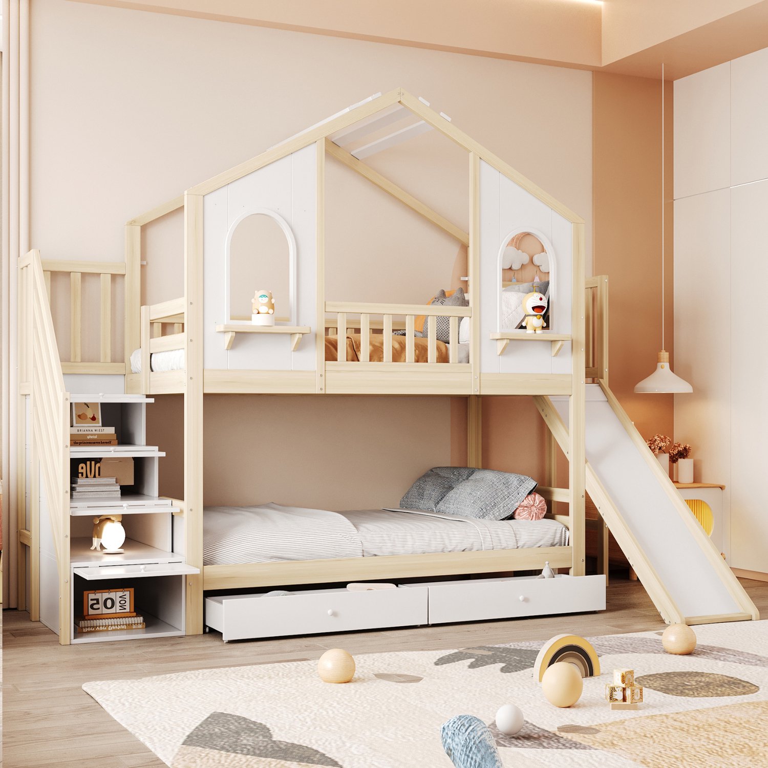 Zubaliya Stapelbed - 90 x 200 cm - Naturel / Wit - hout - Opbergtrap - Lades - Glijbaan