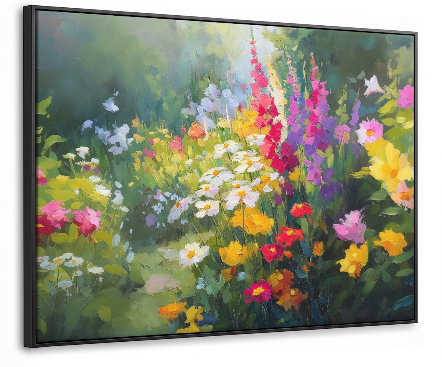 Canvas Schilderij met Baklijst 100x70cm - Zomertuin - Sfeervol - Bloemen - Muurdecoratie woonkamer - Slaapkamer decoratie - Kamer accessoires - Schilderijen op canvas met lijst