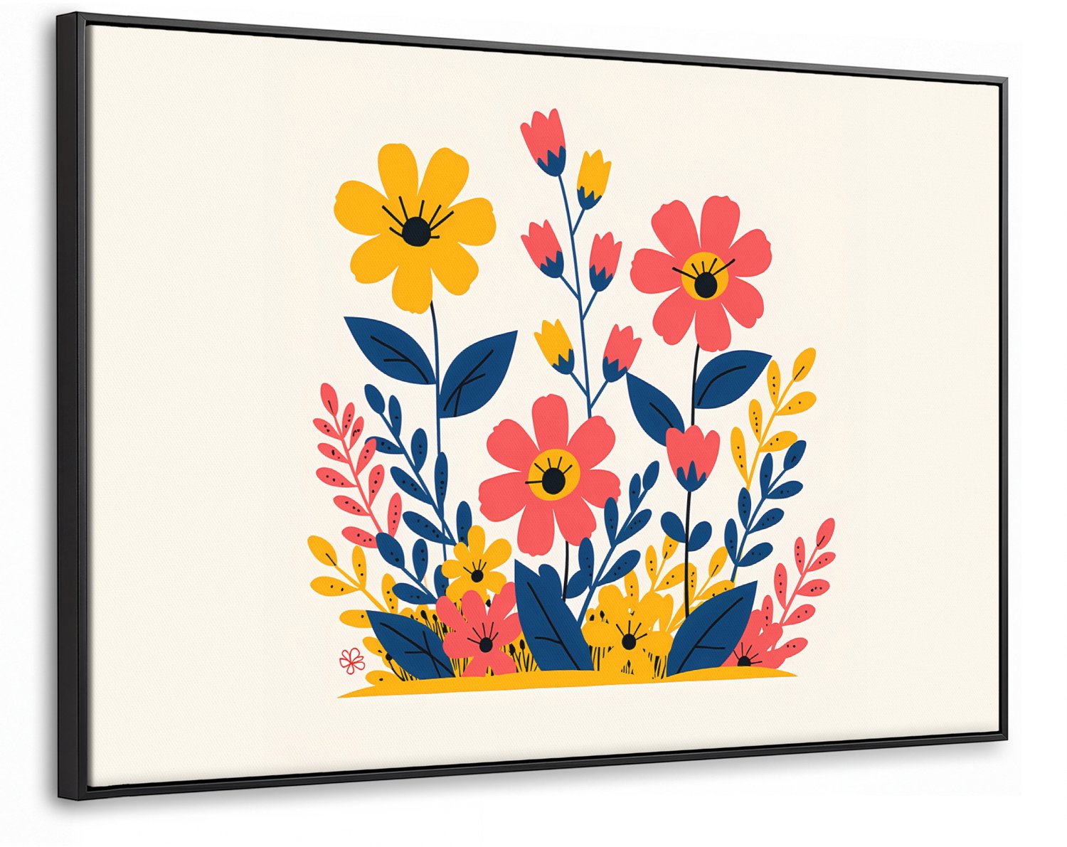 Canvas Schilderij met Baklijst XXL Canvas Schilderij met Baklijst 140x90cm - Illustratie - Bloemen - Bladeren - Roze - Muurdecoratie woonkamer - Slaapkamer decoratie - Kamer accessoires - Schilderijen op canvas met lijst groot