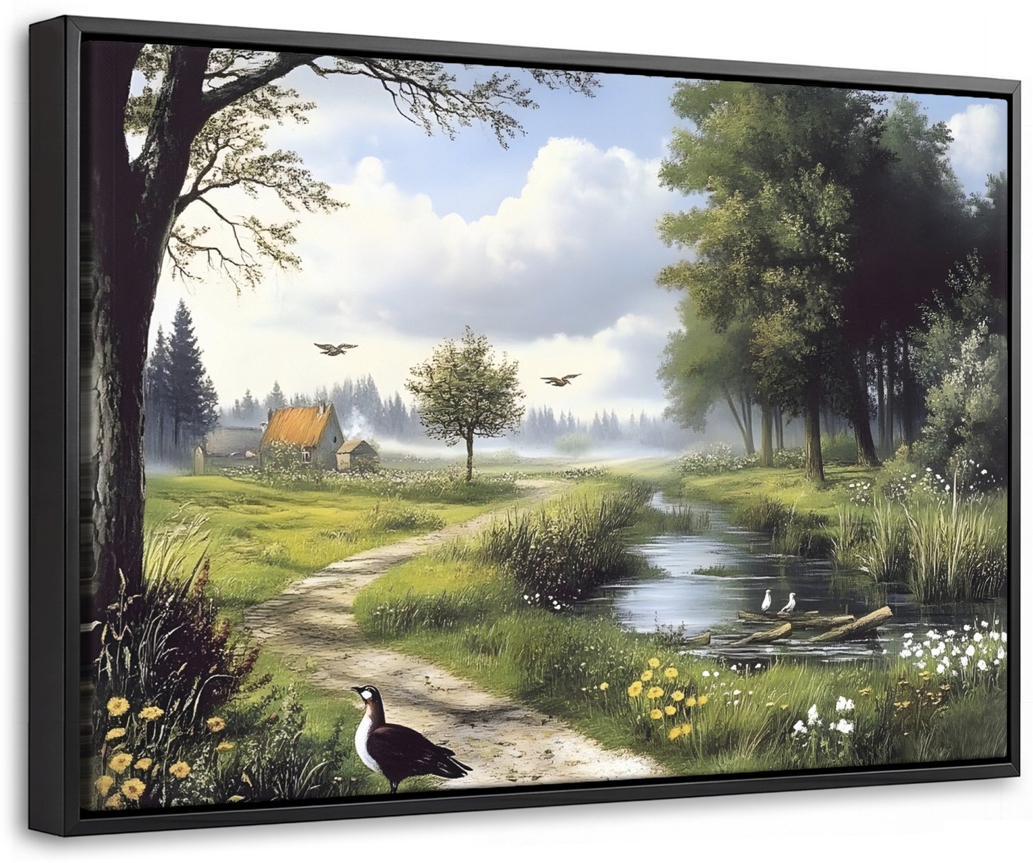 Canvas Schilderij met Baklijst 60x40cm - Zandpad - Groen landschap - Water - Muurdecoratie woonkamer - Slaapkamer decoratie - Kamer accessoires - Schilderijen op canvas met lijst
