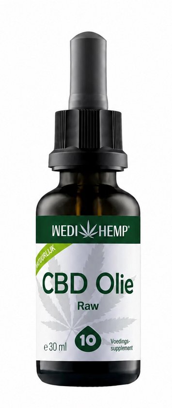 Bruin glazen flesje Wedihemp CBD Olie Raw 10% 30ml met pipet, wit etiket met groen blad en tekst.