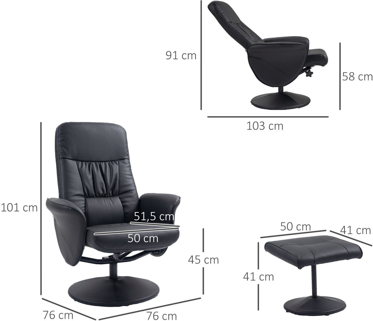 DESMIU Relaxfauteuil 76 x 81 x 101 cm - Rugleuning Verstelbaar Tot 145 Graden - Met Hocker Voor Woonkamer en Kantoor - Kunstleer en Metaal - Zwart