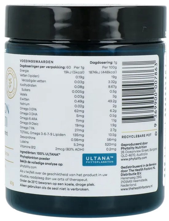 Achterzijde van donkerblauwe pot met voedingswaardetabel en doseringsinformatie voor het fytoplankton supplement.