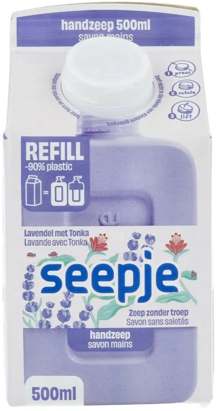 Voorkant van 500ml Seepje handzeep navulverpakking met lavendel en tonka illustraties op een paarse achtergrond.