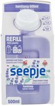 Voorkant van 500ml Seepje handzeep navulverpakking met lavendel en tonka illustraties op een paarse achtergrond.