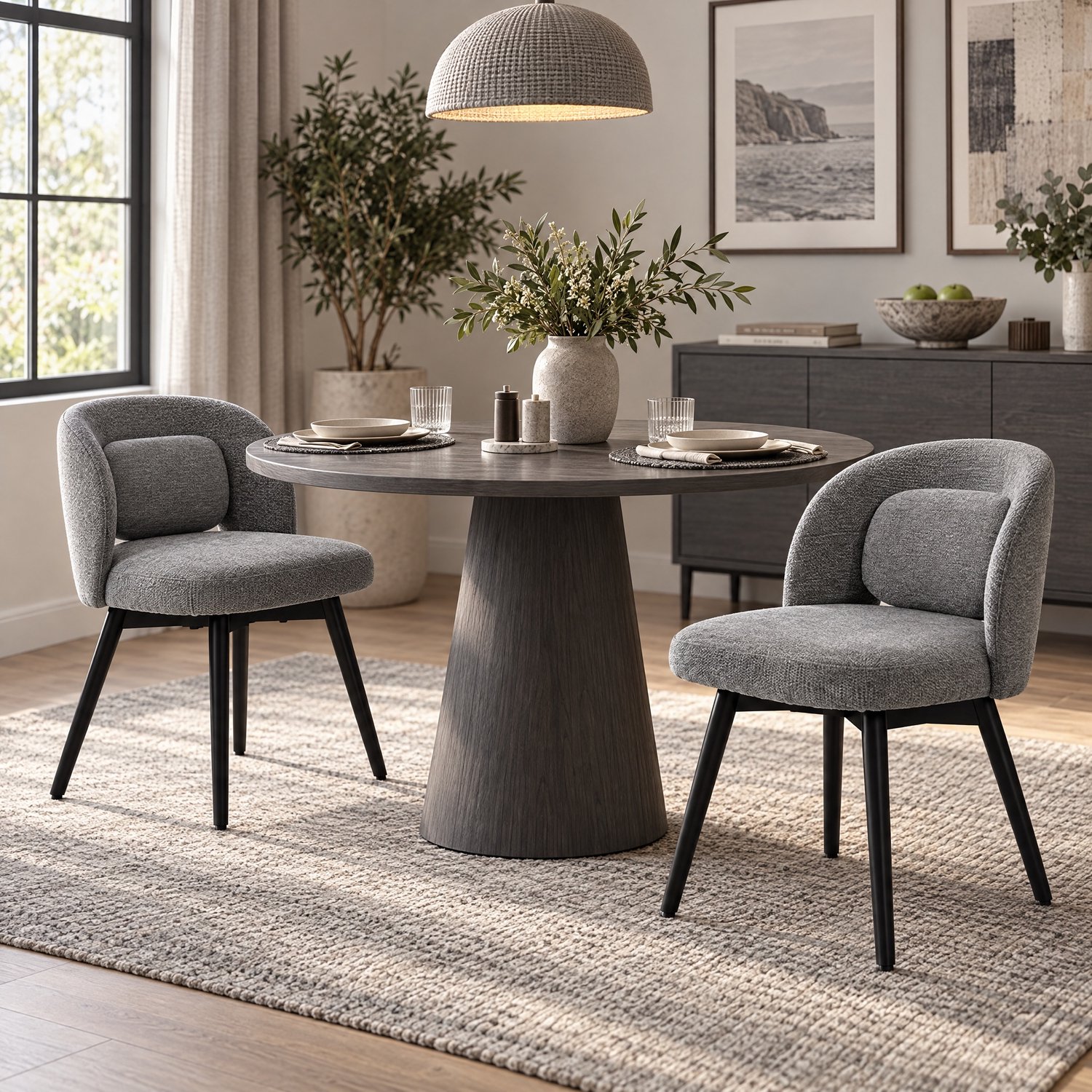 Wishdor Eetkamerstoelen set van 2 - 360° draaibaar en gestoffeerd - Zachte zitting met rugkussen - Houten poten met antislipvoetjes - Eetkamer keuken woonkamer - Grijs - 46 x 46 x 77,5 cm