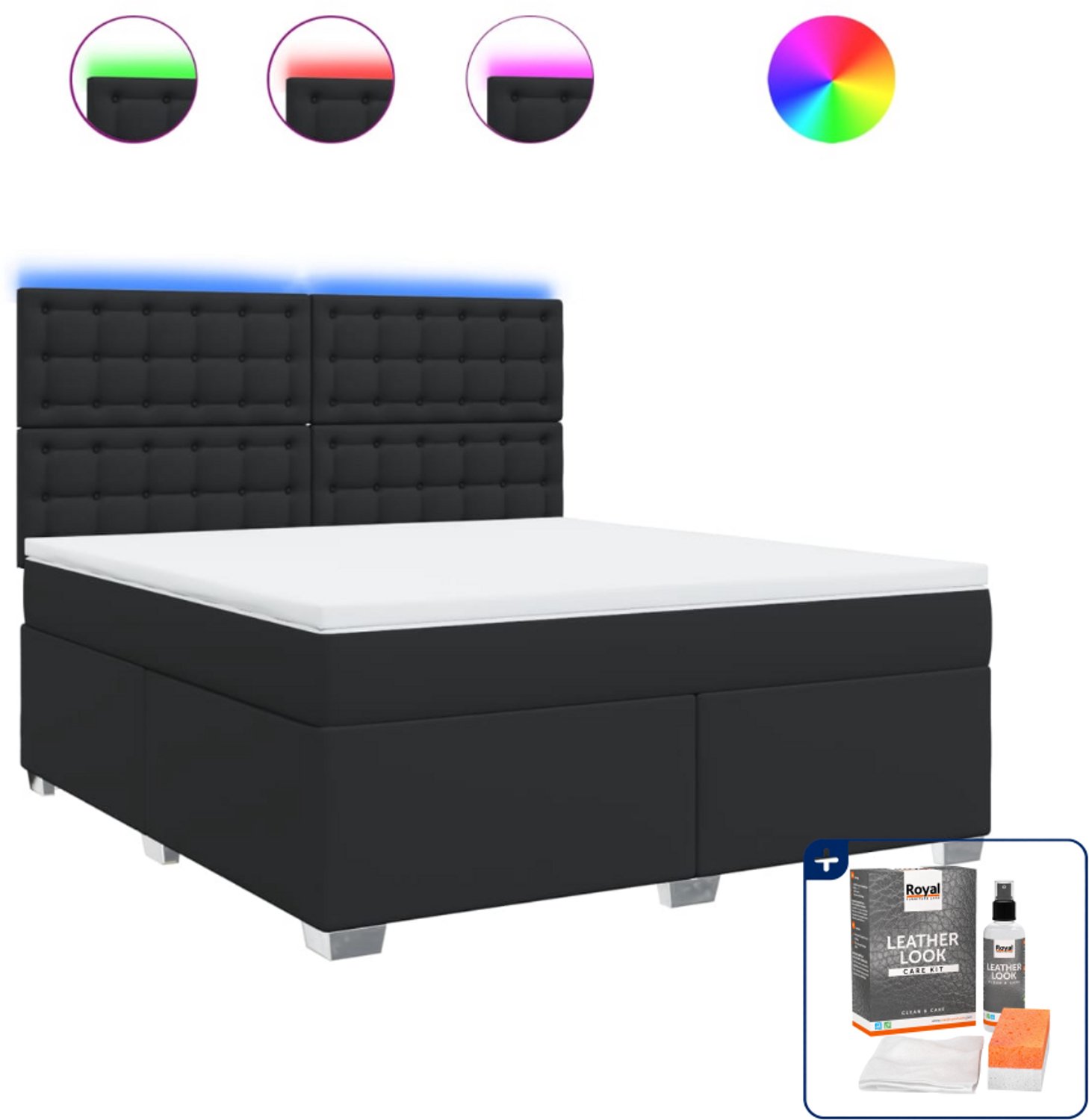 vidaXL boxspring met matras - Kingsize - 180 x 200 cm - zwart - Inclusief onderhoudsset voor kunstleer 150 ml