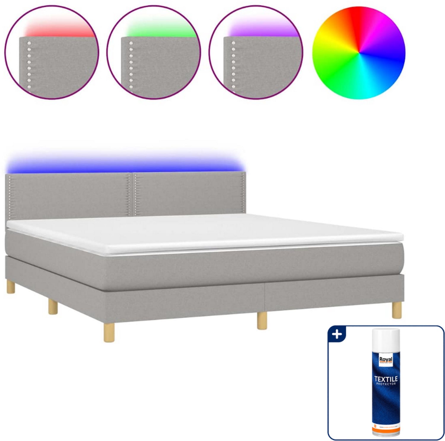 vidaXL Kingsize boxspring met matras en LED - 180 x 200 cm - lichtgrijs - Inclusief textielbeschermer 500 ml