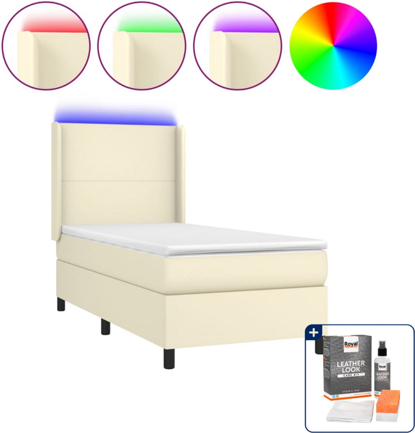 vidaXL boxspring met matras en LED - 90 x 200 cm - kunstleer - crème - Inclusief onderhoudsset voor kunstleer 150 ml