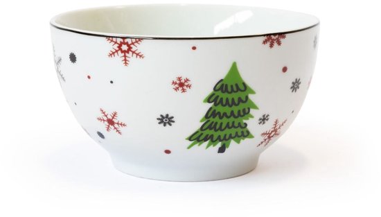 Witte porseleinen kom met motief van een groene kerstboom en kleine rode en zwarte sneeuwvlokken.