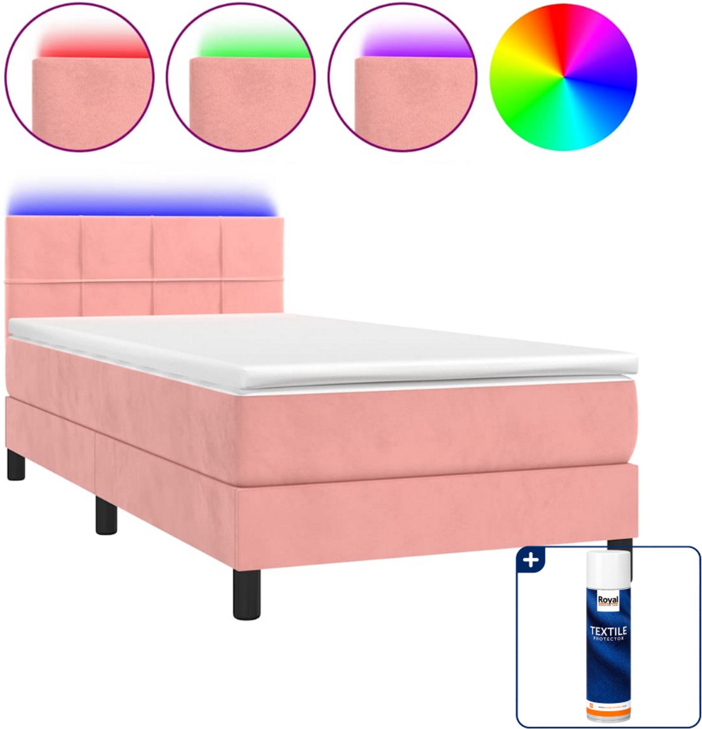 vidaXL boxspring met matras en LED - 90 x 200 cm - fluweel - roze - Inclusief textielbeschermer 500 ml