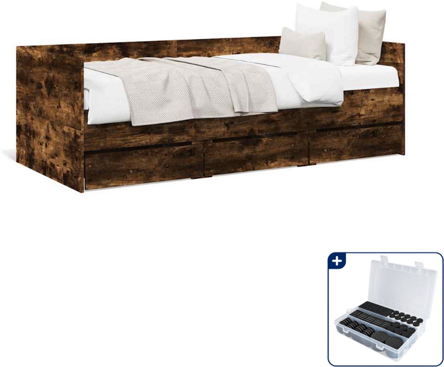 vidaXL slaapbank met lades - 90 x 200 cm - bewerkt hout - gerookt eiken - Inclusief antikrasvilt 177-delig Wit